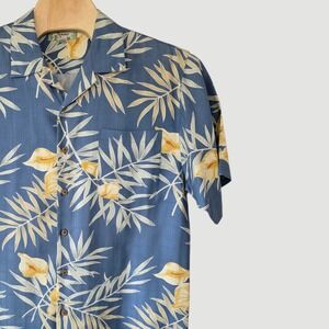 Tommy Bahama Mens Silk Hawaiian Blue Yellow Floral Print Short Sleeve Shirt Lg